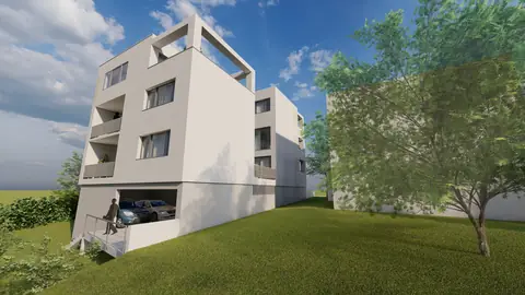 Pohled na garáže a terénní řešení